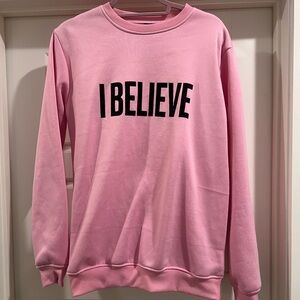Women's Pink Crew Neck Sweater with 'I Believe' Print